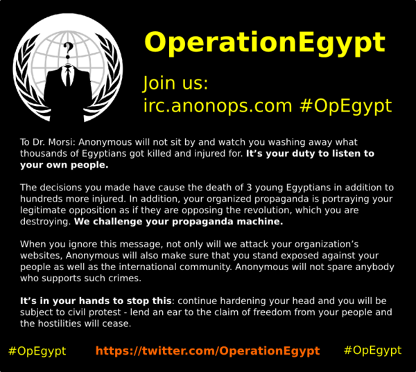 Anonymous hit Egyptian Government Websites as #OpEgypt