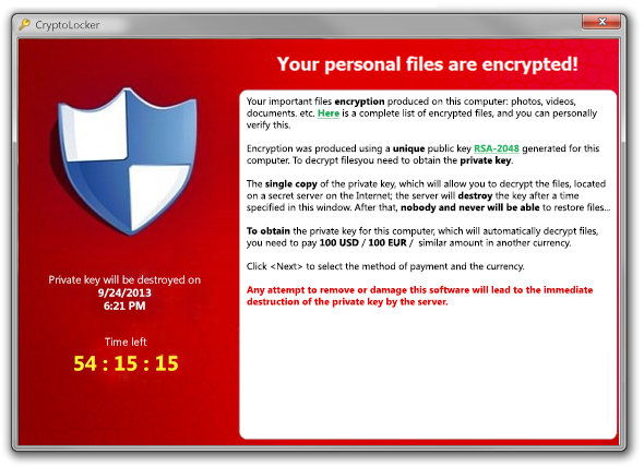 CryptoLocker Ransomware demands $300 or Two Bitcoins to decrypt your files