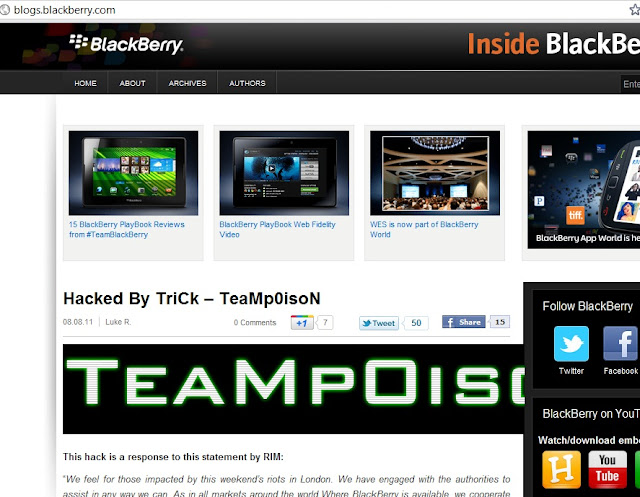 BlackBerry blog site hacked by TriCk – TeaMp0isoN against London riots