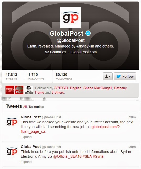 US news agency GlobalPost's twitter and website hacked by Syrian Electronic Army