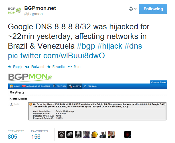 Google Public DNS Server Traffic Hijacked