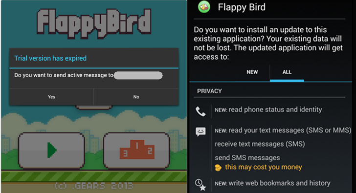 Flappy Bird app clones send text messages to Premium Number