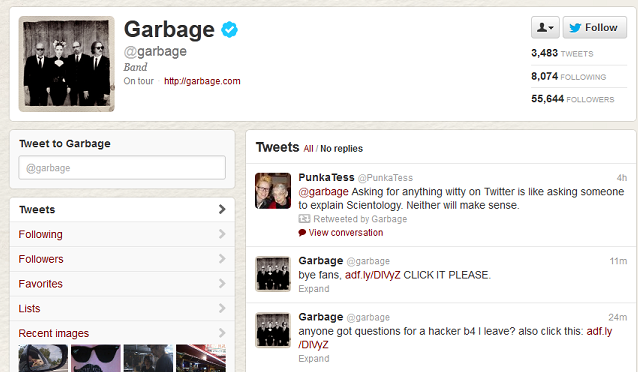 Rock band 'Garbage' twitter account Hacked to spam monetized link