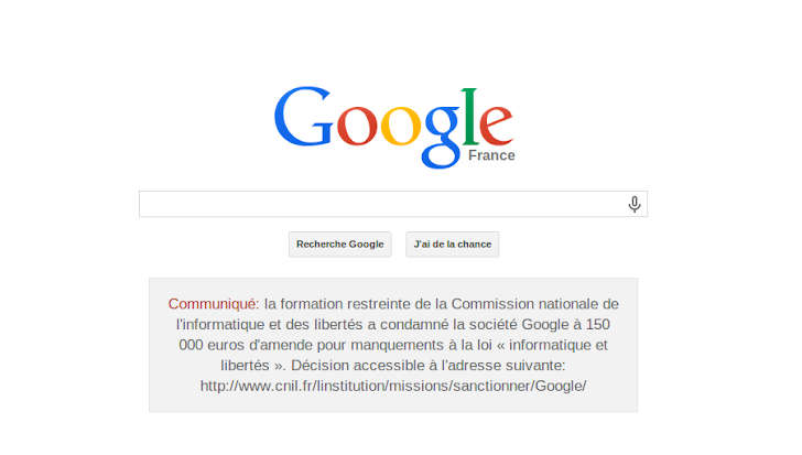 Google shamed and forced by France to Display 'Privacy Violation Fine' Notice on its homepage