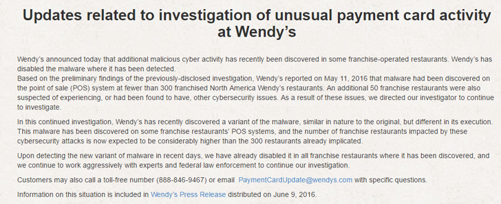 Over 1000 Wendy's Restaurants Hit by Credit Card Hack