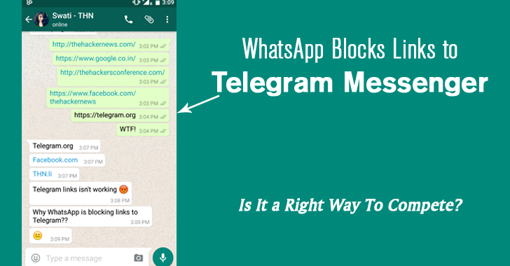 WhatsApp Blocks Links to Telegram Messenger (Its biggest Competitor)