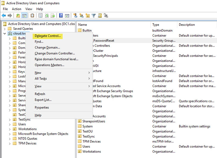 Beginning to configure the Delegate Control options in Active Directory