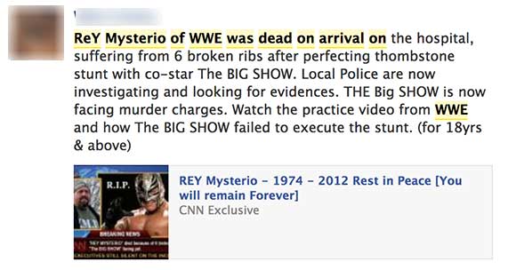Facebook spam messages says WWE Champion Rey Mysterio dies during fight