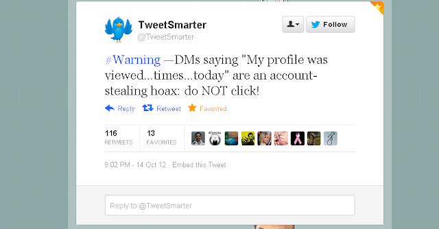 Twitter warning, Do not click DM saying "My profile was viewed..times..today"