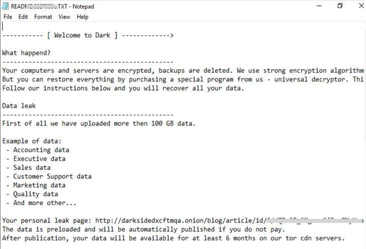 darkside ransomware note