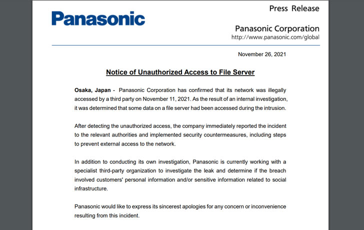 Panasonic Suffers Data Breach After Hackers Hack Into Its Network
