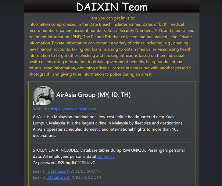 Daixin Ransomware Gang Steals 5 Million AirAsia Passengers' and Employees' Data